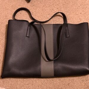 Black Leather Tote Bag with Gray Stripe